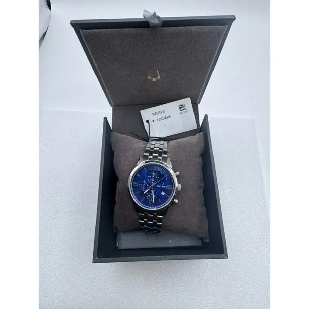 Bulova Sutton Chronograph Blue Dial Stainless Steel Men's 41mm Watch 96B476